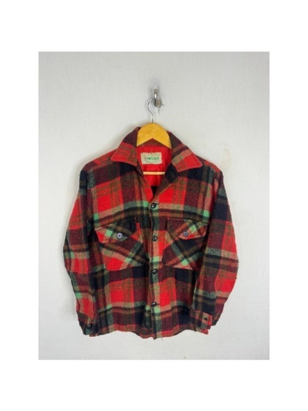 Vintage 50s Woods Falcon Brand Wool Plaid Flannel Small Jacket Red Black Canada